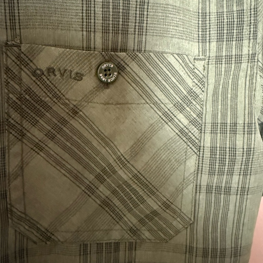 Orvis men’s green plaid button up quick dry size medium shirt. Orvis details. - Picture 3 of 5